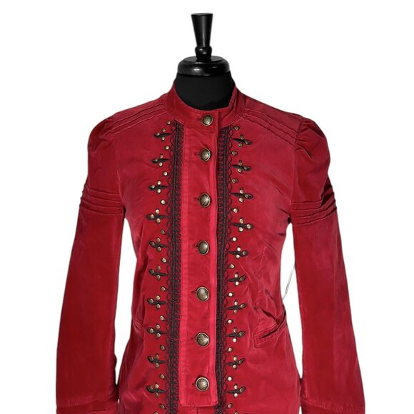 Free People Womens Maven Pintuck Military Jacket Red Velvet Embroidered Button S - Picture 6 of 12